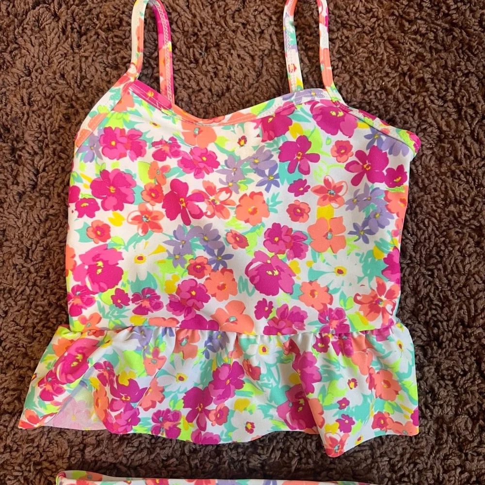 The Childrens Place Girls 3T Floral Tankini‎ Two Piece Swimsuit Pink Orange Teal